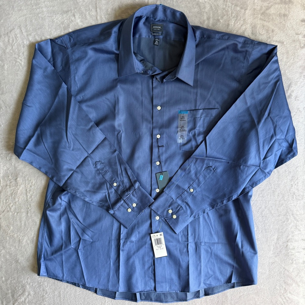 Arrow USA 1851 Mens Azure Blue Sateen No Iron Classic Fit Dress Shirt 18.5 36/37